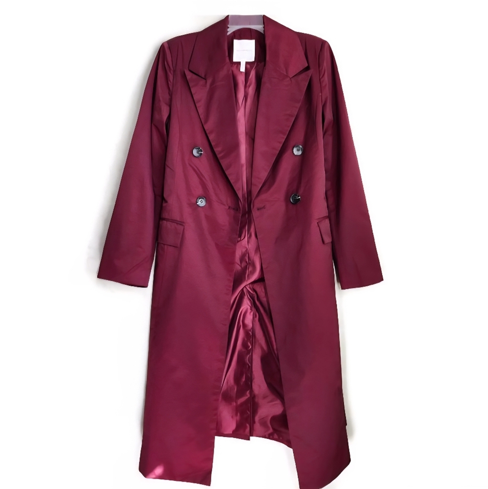 Avec Les Filles Dark Burgundy Stretch Cotton Blend Belted Longline Trench Coat - Picture 4 of 12